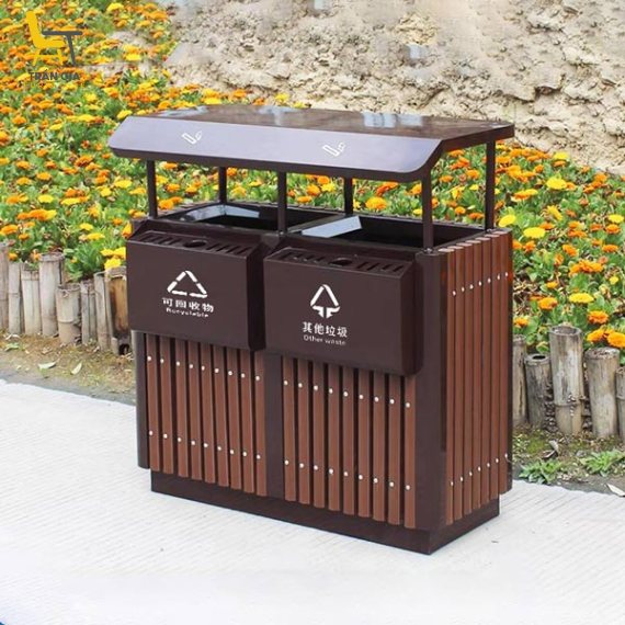 Thùng rác nhựa giả gỗ 2 ngăn có mái che