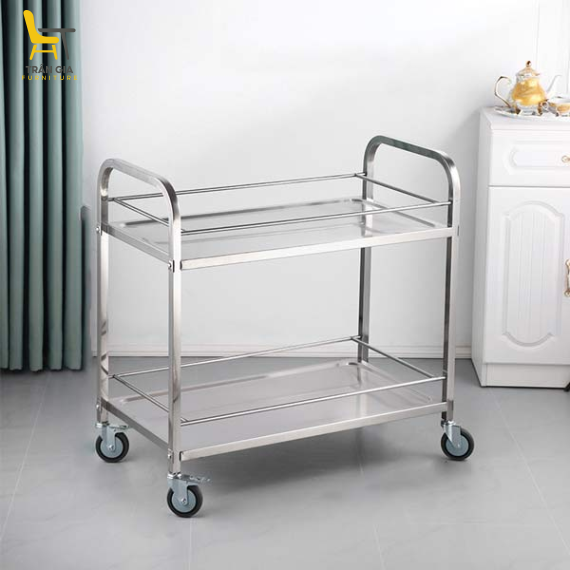 Xe đẩy inox 2 tầng - xe đẩy thức ăn inox 2 tầng