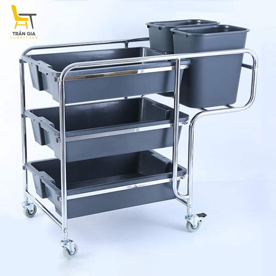 Xe dọn bàn 3 tầng khung inox trong nhà hàng