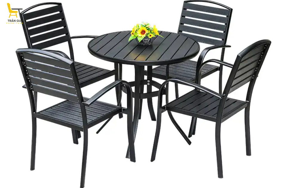 Bàn ghế khung nhôm đúc nan gỗ nhựa BG03