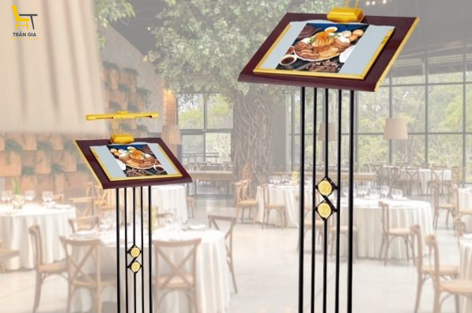 Bảng menu có đèn bằng gỗ và thép sơn tĩnh điện