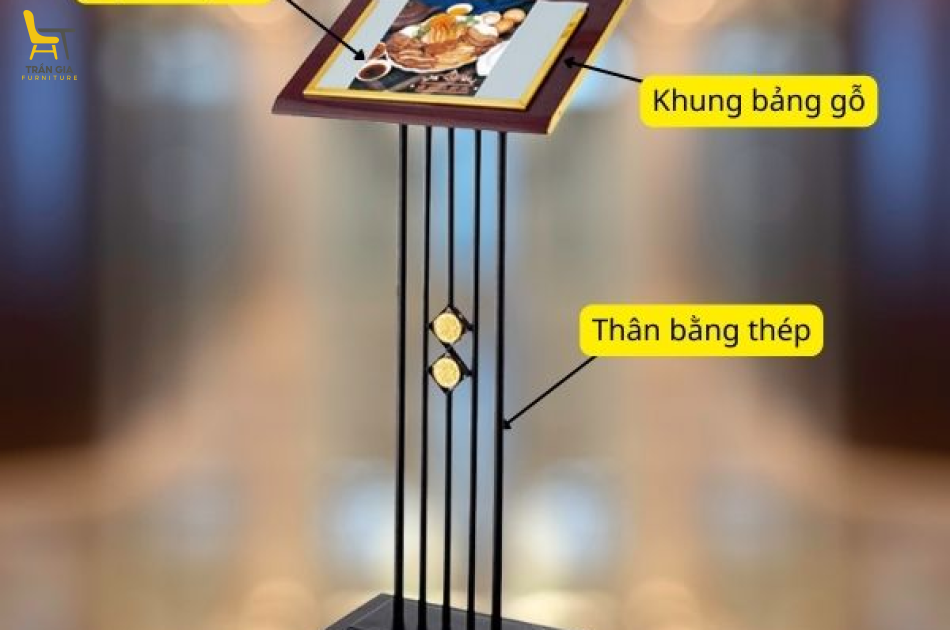 Bảng menu có đèn bằng gỗ và thép sơn tĩnh điện