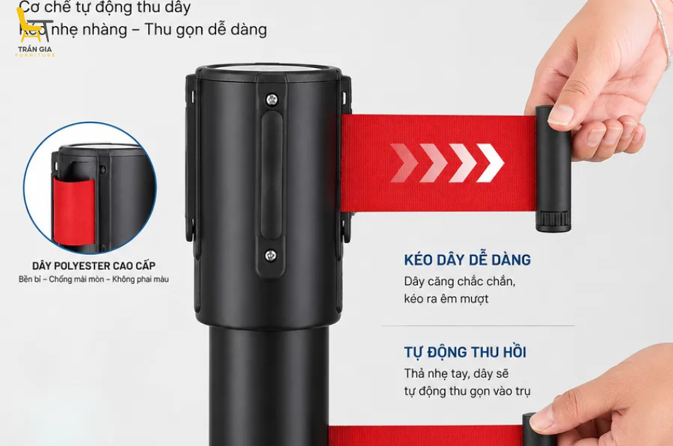Cột chắn inox đế chữ U dây căng 5m xếp gọn