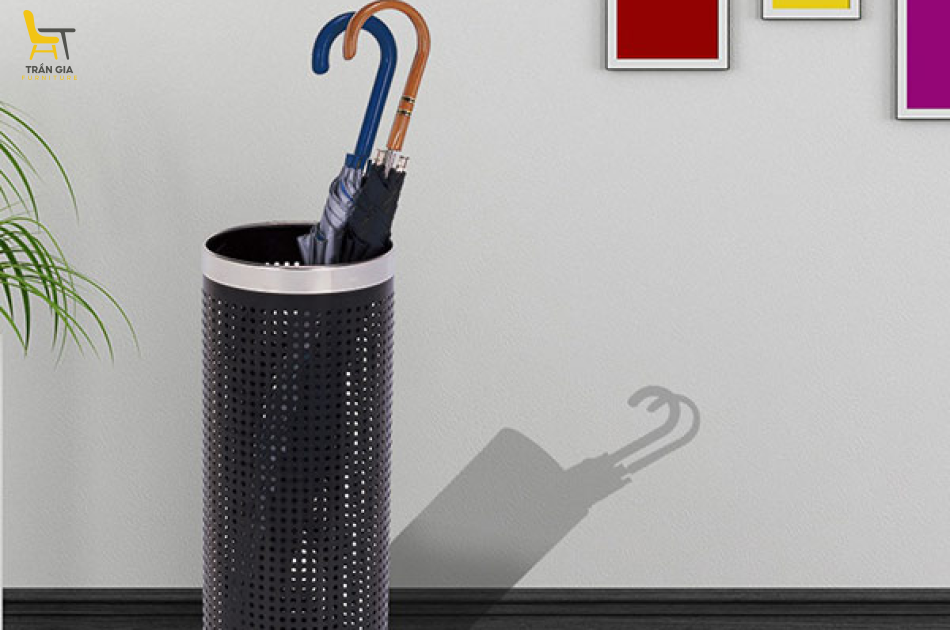 Sọt để ô dù thép sơn đen viền inox vàng/ trắng