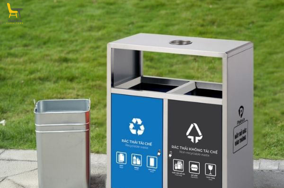Thùng rác công cộng inox 2 ngăn có gạt tàn