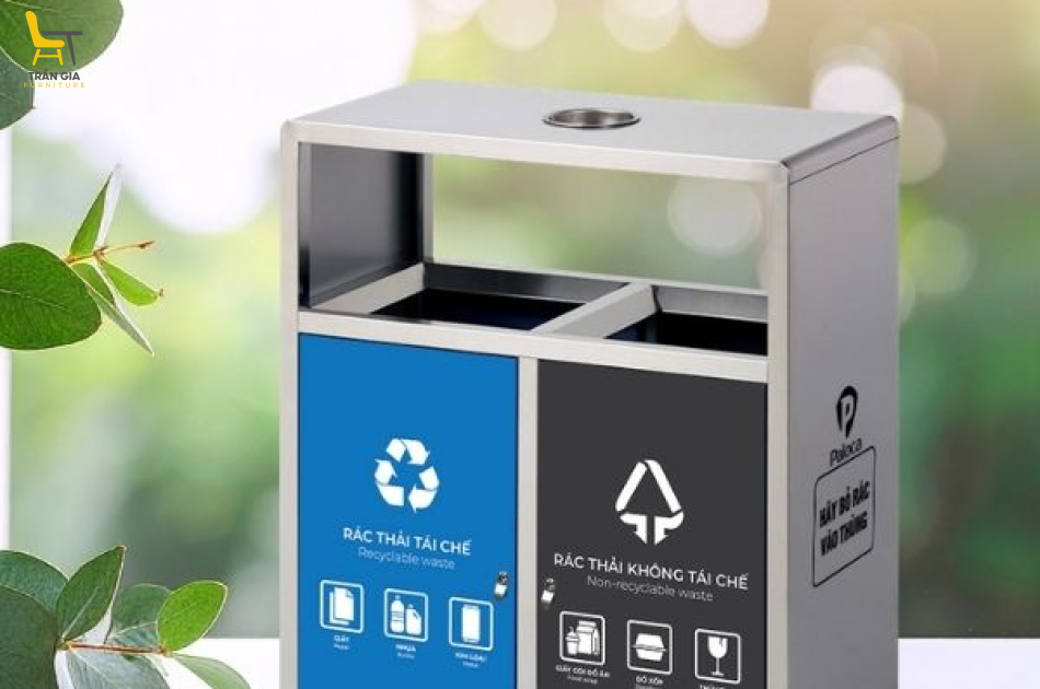 Thùng rác công cộng inox 2 ngăn có gạt tàn