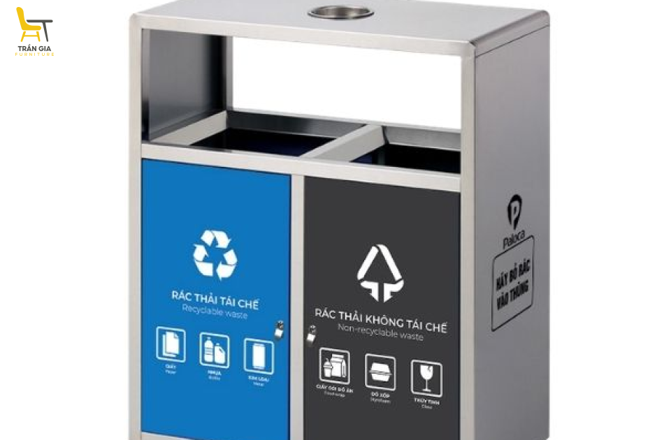 Thùng rác công cộng inox 2 ngăn có gạt tàn
