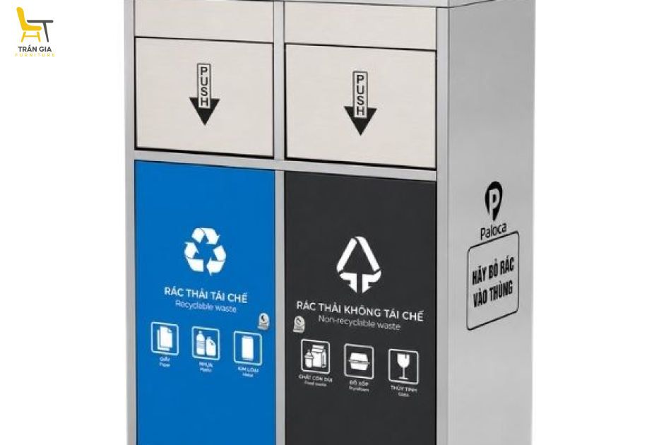 Thùng rác inox 2 ngăn cửa đẩy trong nhà ngoài trời