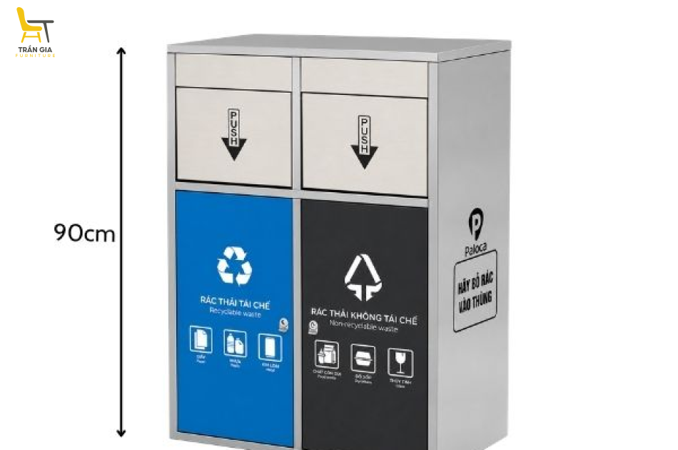 Thùng rác inox 2 ngăn cửa đẩy trong nhà ngoài trời