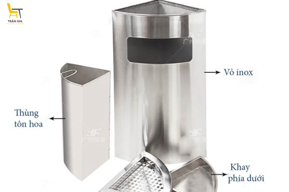 Thùng rác inox đặt góc có gạt tàn màu trắng