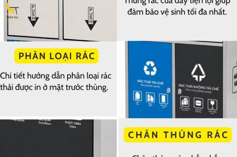 Thùng rác inox 2 ngăn cửa đẩy trong nhà ngoài trời