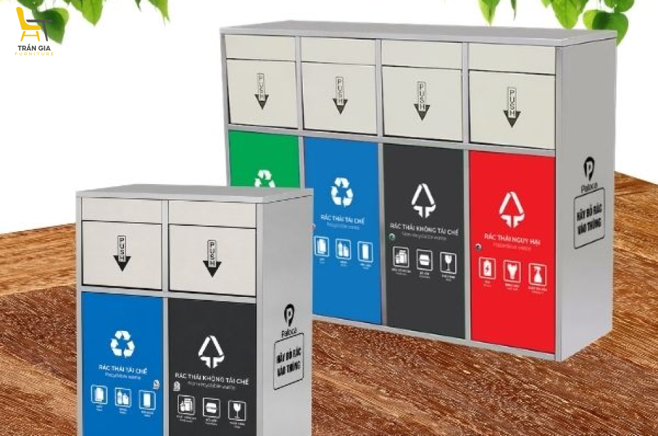 Thùng rác inox 4 ngăn cửa đẩy trong nhà ngoài trời