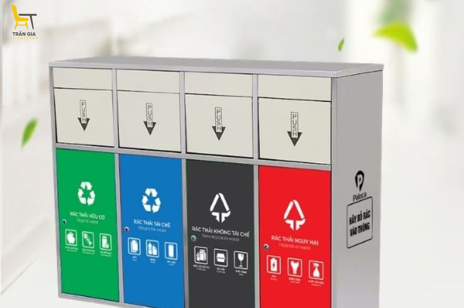 Thùng rác inox 4 ngăn cửa đẩy trong nhà ngoài trời