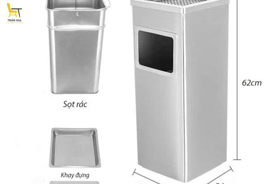 Thùng rác inox hình vuông có gạt tàn