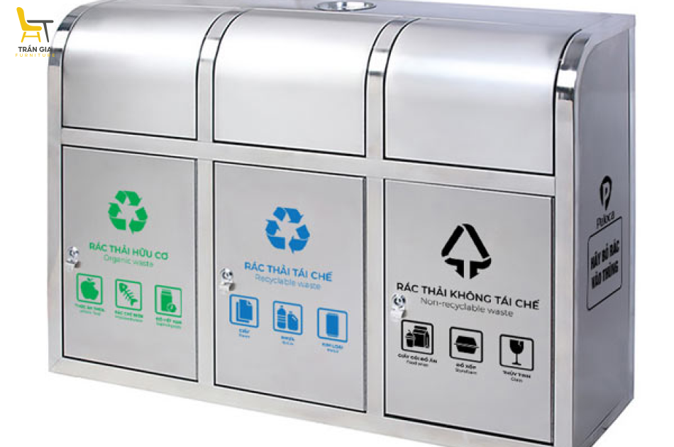Thùng rác inox 3 ngăn cửa đẩy ngoài trời
