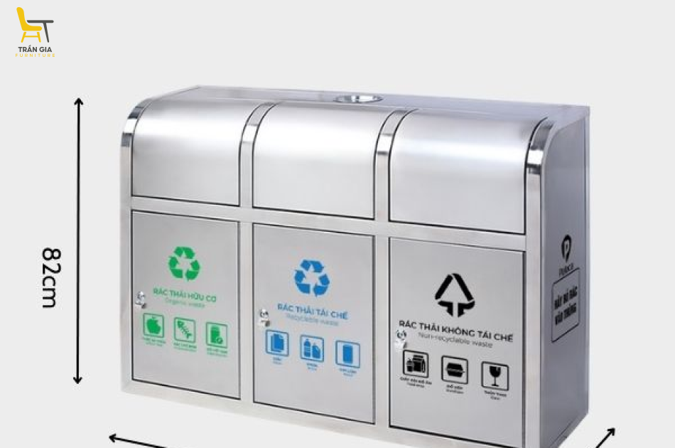 Thùng rác inox 3 ngăn cửa đẩy ngoài trời