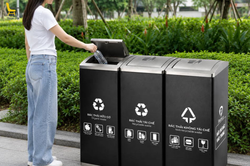 Thùng rác phân loại 3 ngăn bằng thép đen