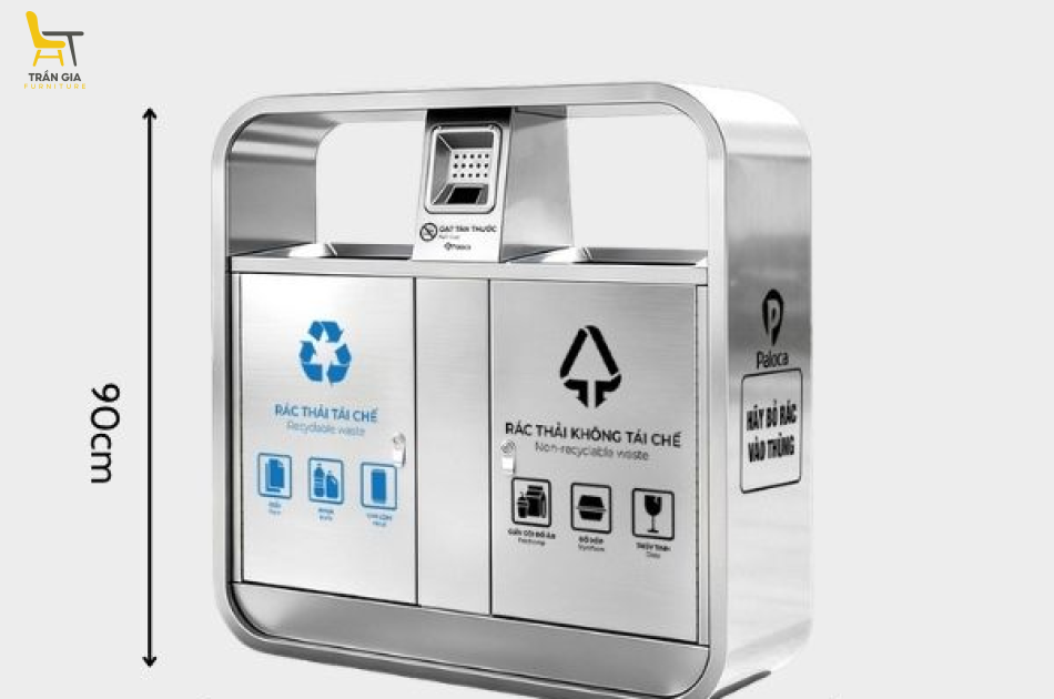 Thùng đựng rác inox 2 ngăn có gạt tàn cao cấp