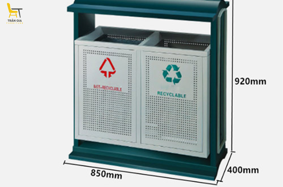 Thùng rác ngoài trời thép sơn xanh trắng 2 ngăn