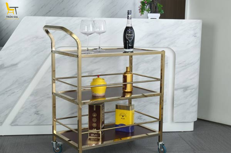 Xe đẩy phục vụ 3 tầng gỗ khung inox mạ vàng