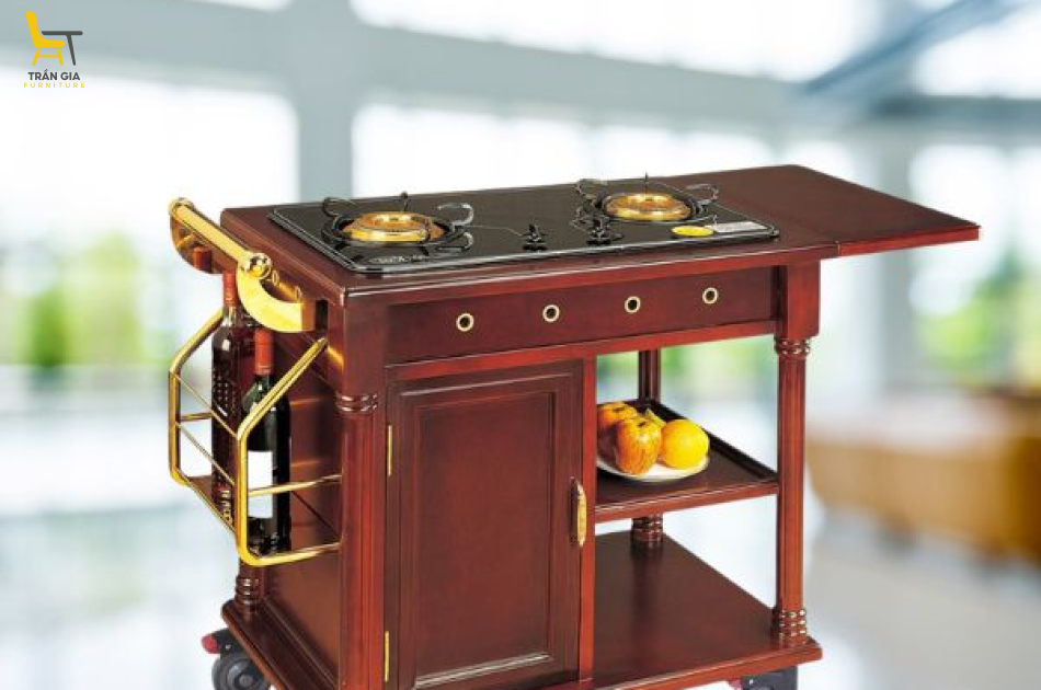 Xe đẩy bàn bếp di động có bếp gas đôi