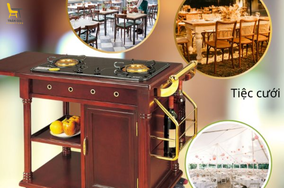 Xe đẩy bàn bếp di động có bếp gas đôi