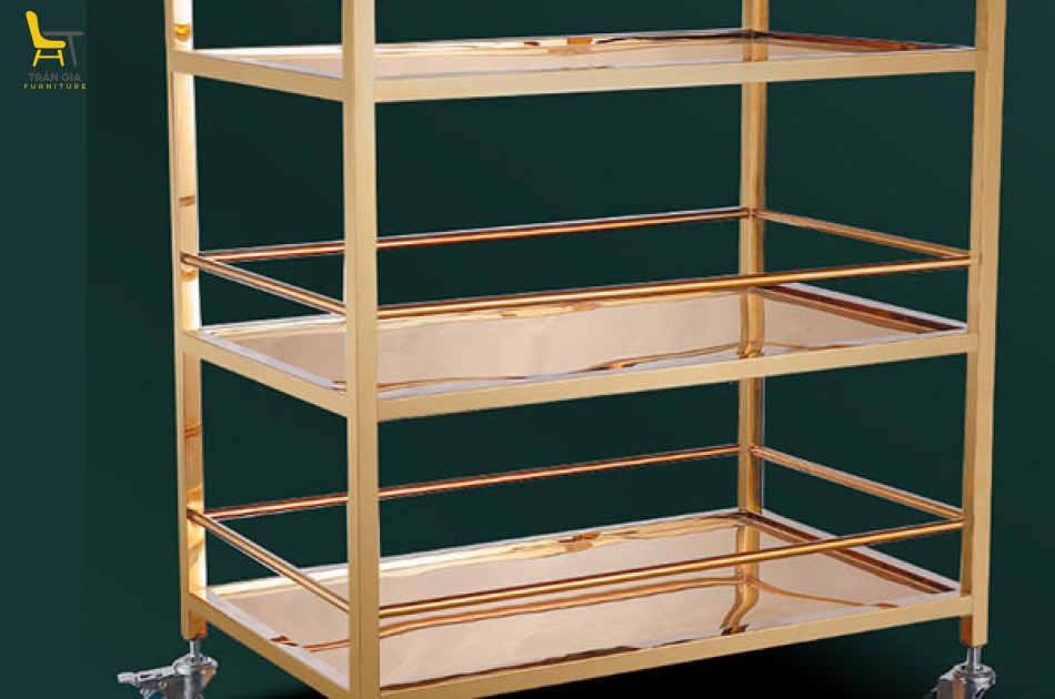 Xe phục vụ bàn ăn inox mạ vàng 3 tầng