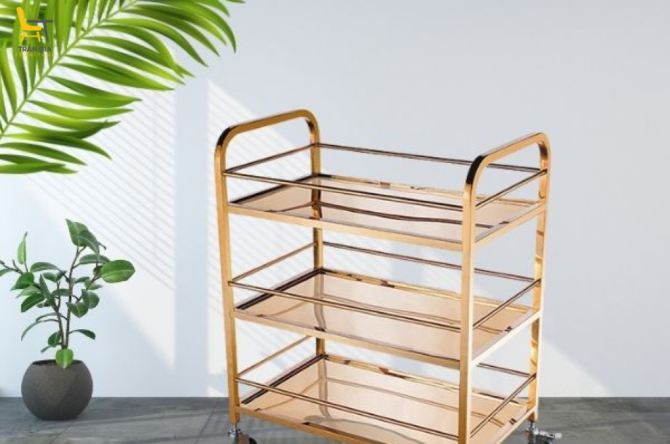 Xe phục vụ bàn ăn inox mạ vàng 3 tầng