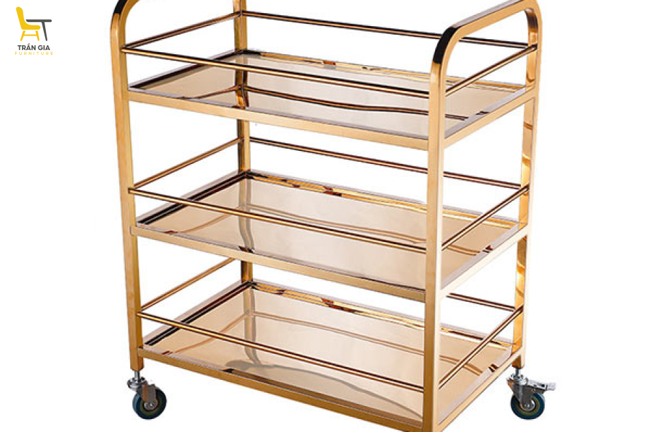 Xe phục vụ bàn ăn inox mạ vàng 3 tầng