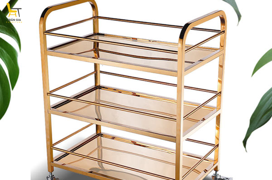 Xe phục vụ bàn ăn inox mạ vàng 3 tầng