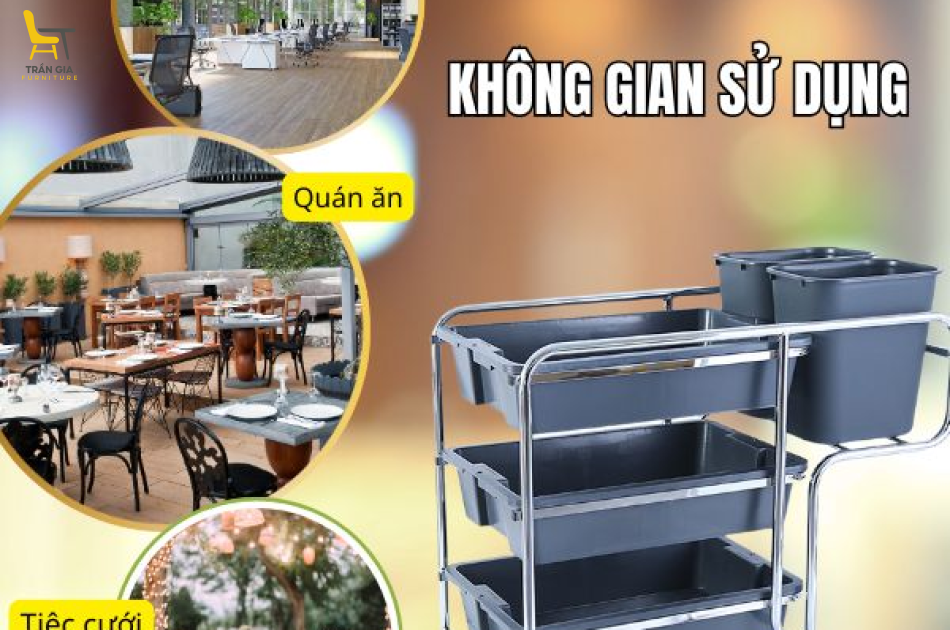 Xe dọn bàn 3 tầng khung inox trong nhà hàng