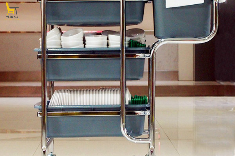 Xe thu gom bát đĩa cho nhà hàng khung inox