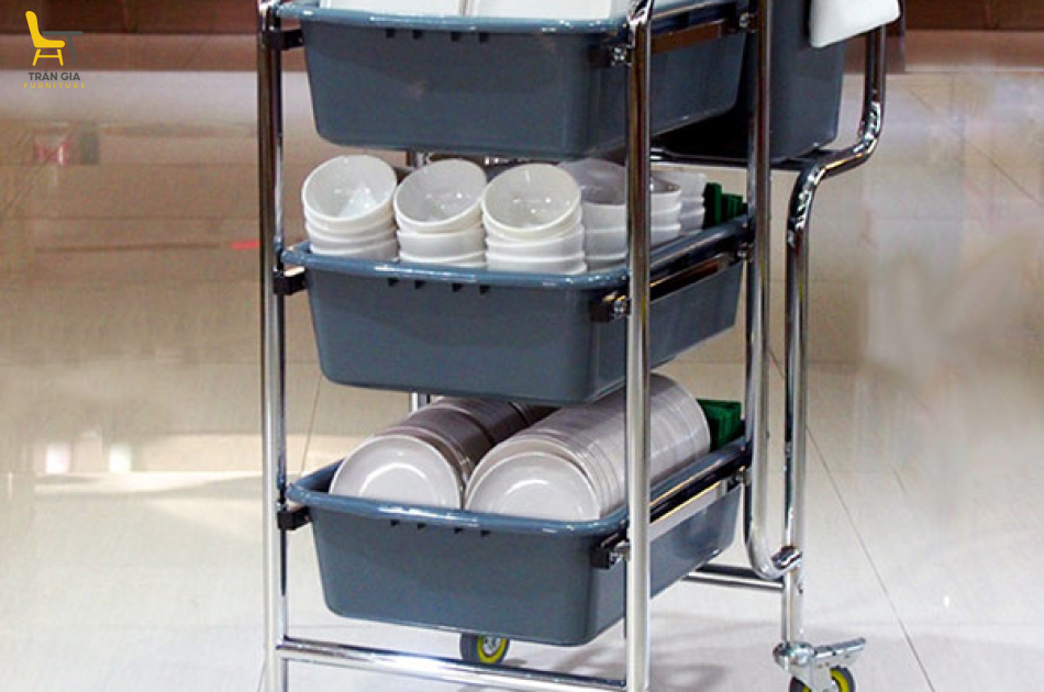Xe thu gom bát đĩa cho nhà hàng khung inox