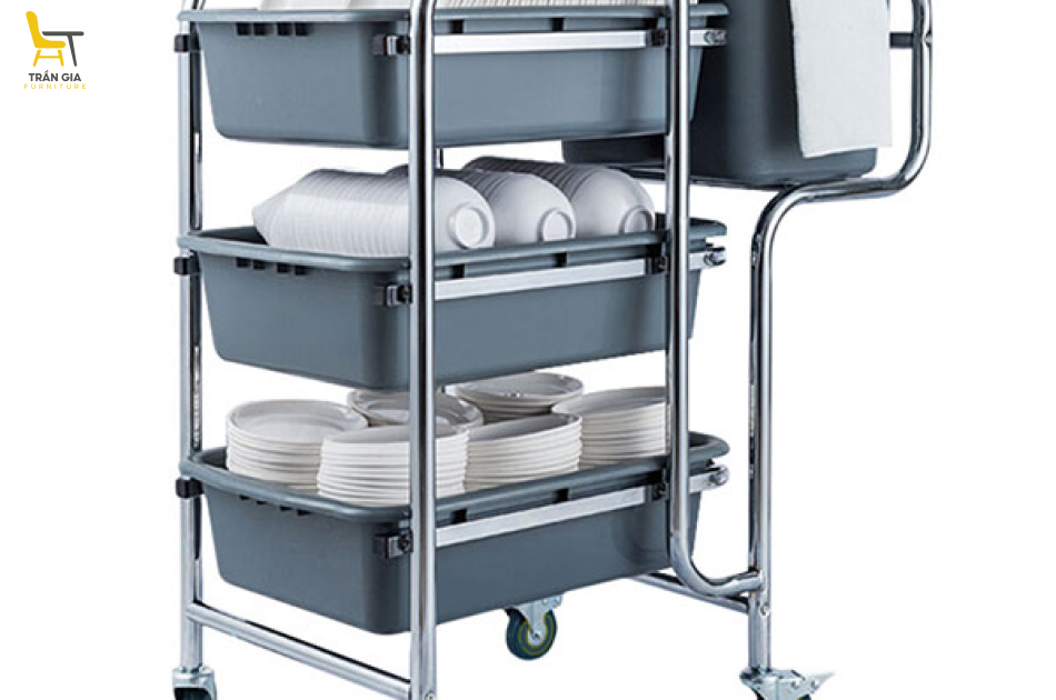 Xe thu gom bát đĩa cho nhà hàng khung inox